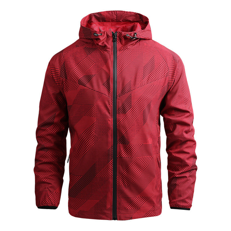 Herren atmungsaktive Softshell-Kapuzenjacke mit geometrischem Allover-Print und sportlicher Passform Nord Taschen