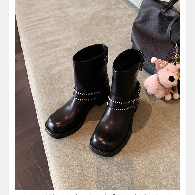 Damen Biker‑Stiefelette aus Glattleder mit dekorativer Ziernaht, Doppelriemen und robuster Profilsohle Nord Taschen