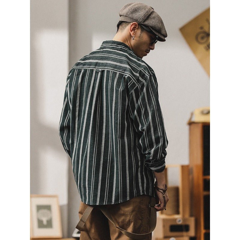 Herren Gestreiftes Overshirt-Hemd aus Baumwoll-Leinen mit Brusttaschen Nord Taschen
