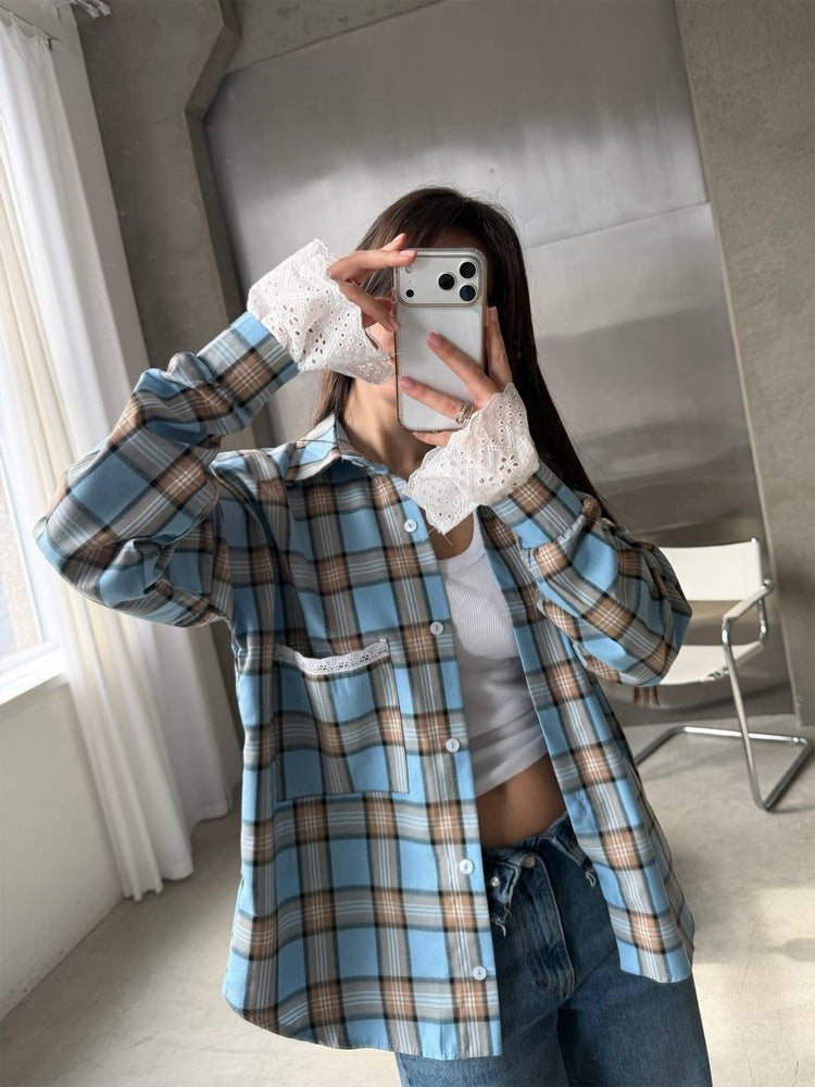 Damen Oversize-kariertes Flanellhemd mit Spitzenmanschetten und Zierpaspel Nord Taschen