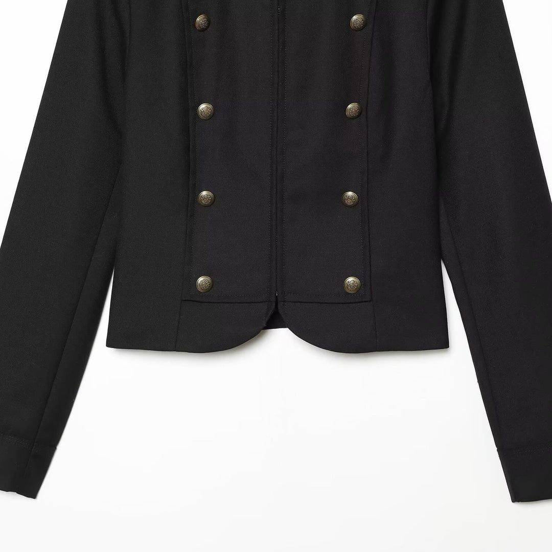 Damen Taillierte Kurzjacke im Militärstil mit Stehkragen und Zierknöpfen Nord Taschen