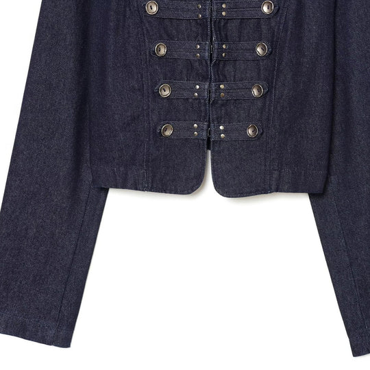 Damen Cropped Denim Militärjacke mit Stehkragen und dekorativer Zierknopfleiste Nord Taschen
