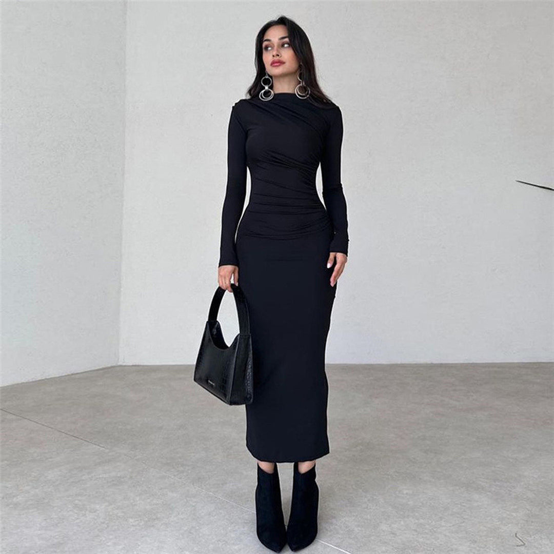 Damen figurbetontes Maxikleid mit hohem Kragen und seitlicher Raffung Nord Taschen