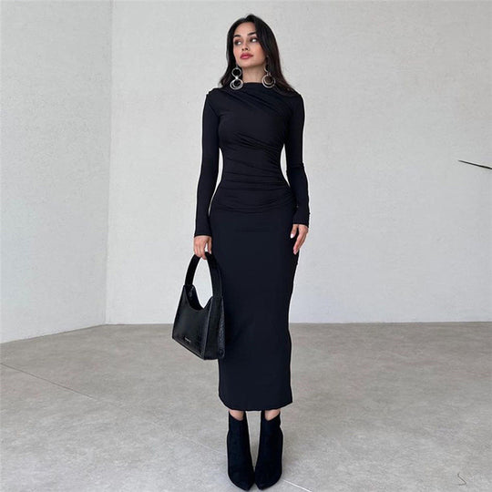Damen figurbetontes Maxikleid mit hohem Kragen und seitlicher Raffung Nord Taschen