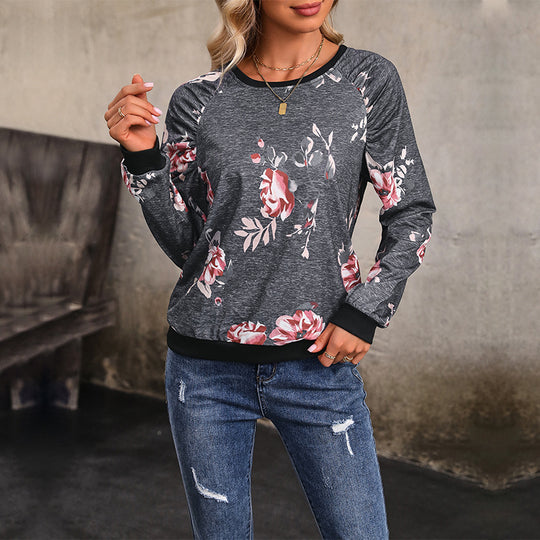 Damen Lässiges Raglan-Sweatshirt mit floralem Vintage-Muster und gerippten Bündchen Nord Taschen