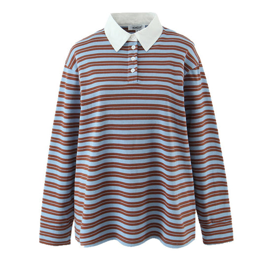 Damen Gestreiftes Oversize-Rugbyshirt mit kontrastierendem Hemdkragen und Knopfleiste Nord Taschen