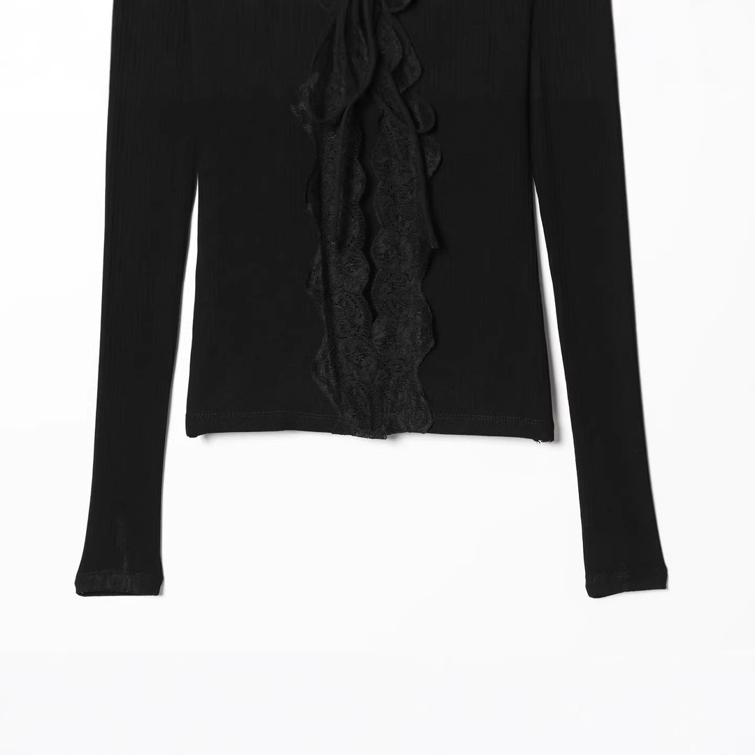 Damen Feines Rippstruktur-Longsleeve mit tiefem V‑Ausschnitt, breiter Spitzenblende und Zierband Nord Taschen
