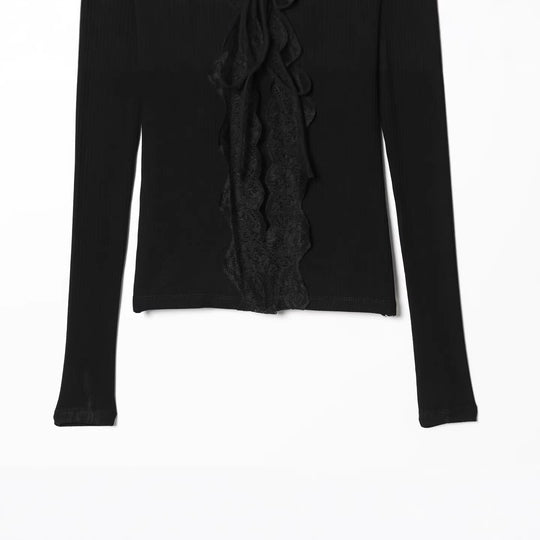 Damen Feines Rippstruktur-Longsleeve mit tiefem V‑Ausschnitt, breiter Spitzenblende und Zierband Nord Taschen
