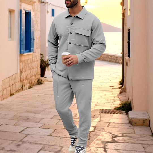 Herren Komfort-Zweiteiler Waffelstruktur-Hemdjacke mit Pattentasche und Relax-Bundhose Nord Taschen