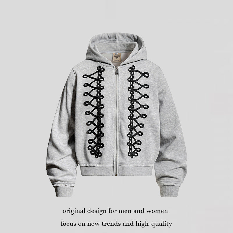 Damen Kapuzen-Sweatjacke mit dekorischer Frogging-Stickerei und durchgehendem Reißverschluss Nord Taschen