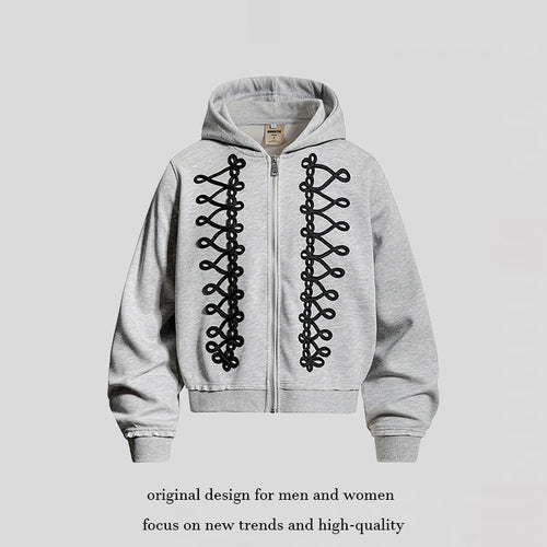 Damen Kapuzen-Sweatjacke mit dekorischer Frogging-Stickerei und durchgehendem Reißverschluss Nord Taschen