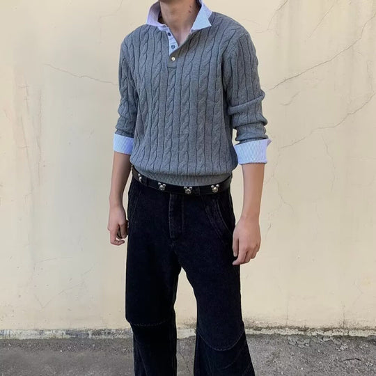 Herren Kabelstrickpullover mit Hemdkragen-Layering-Effekt Nord Taschen