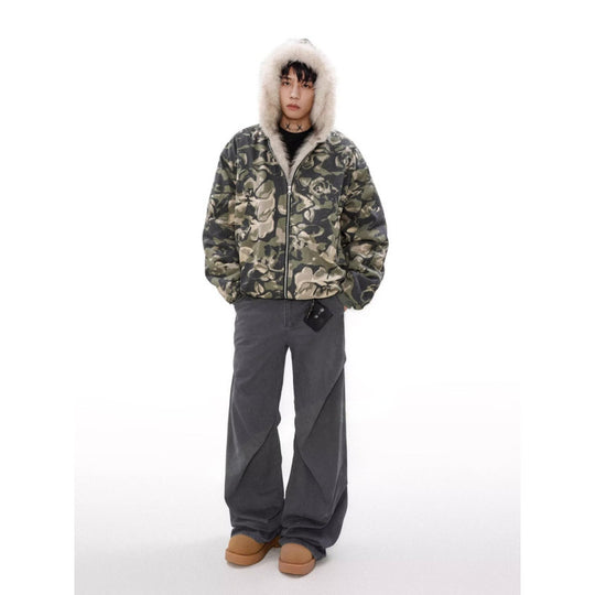 Herren Warmer gefütterter Camouflage-Bomber mit Kapuze und Kunstfellbesatz Nord Taschen