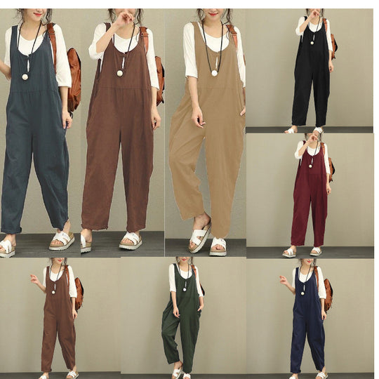 Damen Lässiger Baumwoll-Overall mit weitem Bein und verstellbaren Trägern Nord Taschen