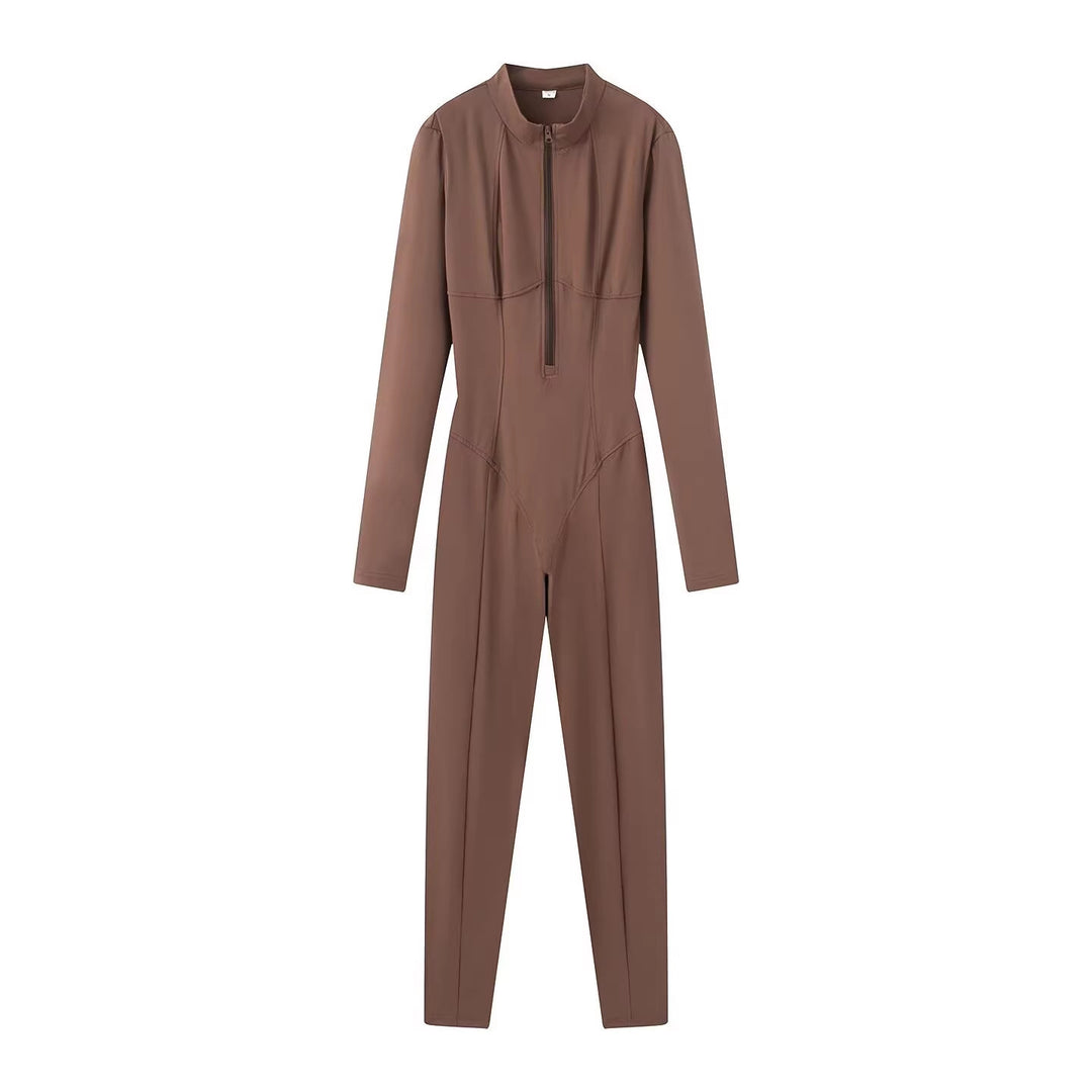Damen Slim-Fit einteiliger Catsuit mit Reißverschluss und hohem Kragen Nord Taschen