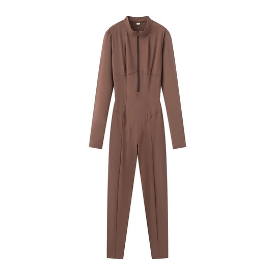 Damen Slim-Fit einteiliger Catsuit mit Reißverschluss und hohem Kragen Nord Taschen