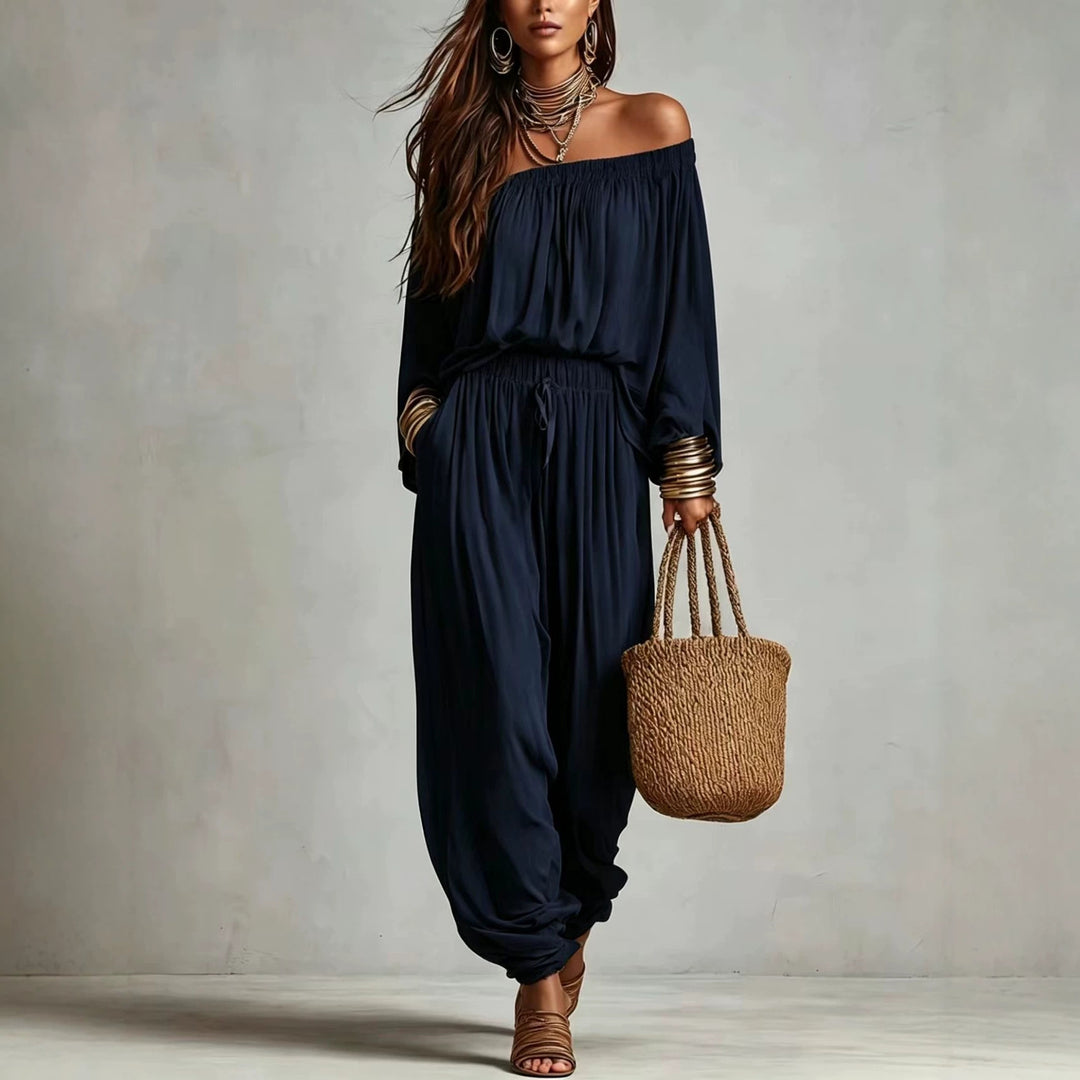 Damen Off-Shoulder Jumpsuit mit elastischem Taillenbund und weitem Plissee-Hosenbein Nord Taschen