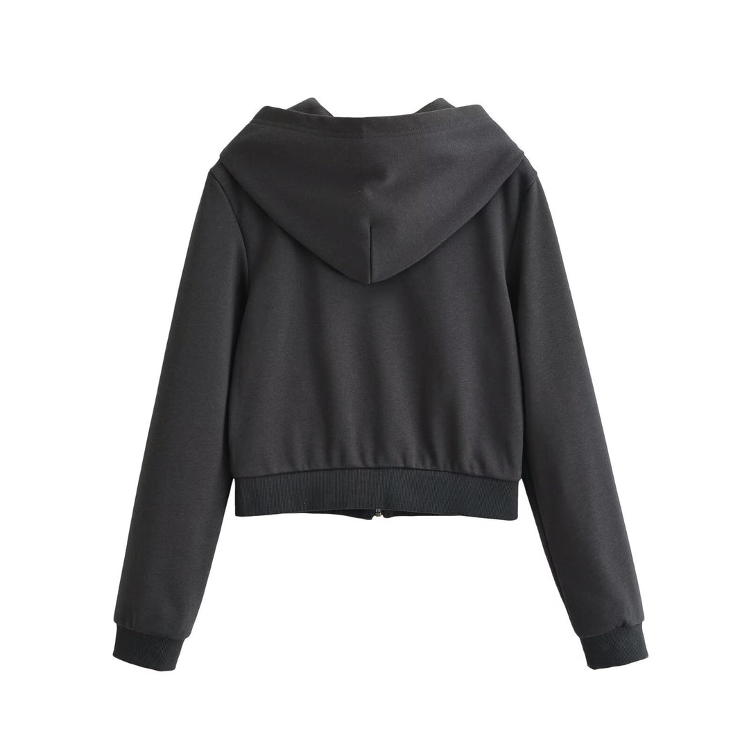 Damen Cropped Kapuzenblouson mit dekorischer Doppelreihe und verdecktem Reißverschluss Nord Taschen