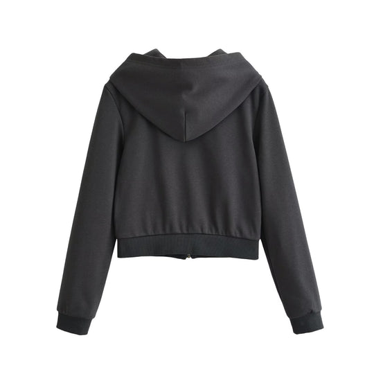Damen Cropped Kapuzenblouson mit dekorischer Doppelreihe und verdecktem Reißverschluss Nord Taschen