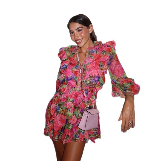 Damen Florales Chiffon-Minikleid mit Schnürkorsett, Volants und ausgestellten Ärmeln Nord Taschen