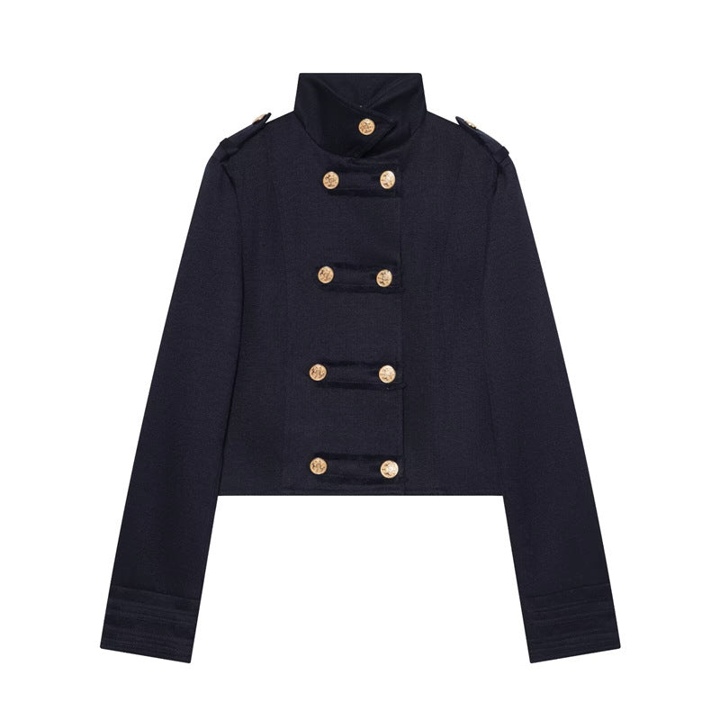 Damen Cropped Uniformjacke im Militärstil mit Stehkragen und Zierknopfleiste Nord Taschen