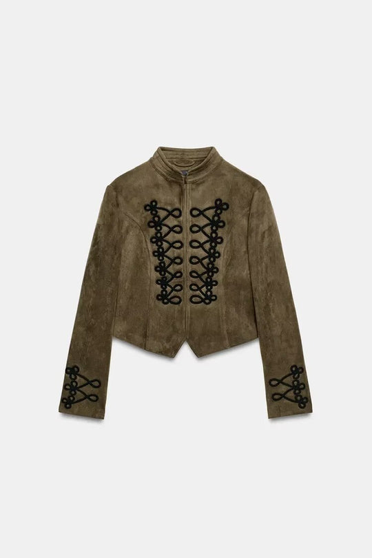 Damen Kurze Velourslederjacke im Military‑Look mit Stehkragen und dekorativen Kordelapplikationen Nord Taschen