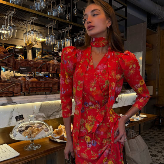 Damen Wickel-Maxikleid mit floralem Print, Puffärmeln und Schalkragen Nord Taschen
