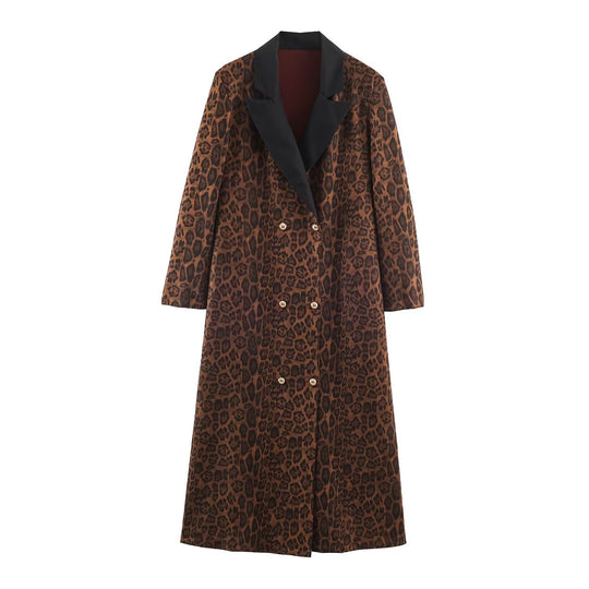 Damen Doppelreihiger Mantel mit Leopardenmuster und Satin-Schalkragen Nord Taschen