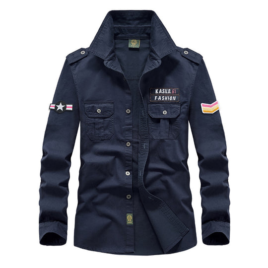 Herren Militärinspiriertes Hemdblouson mit Schulterpatten, Brustpattentaschen und Abzeichenpatches Nord Taschen