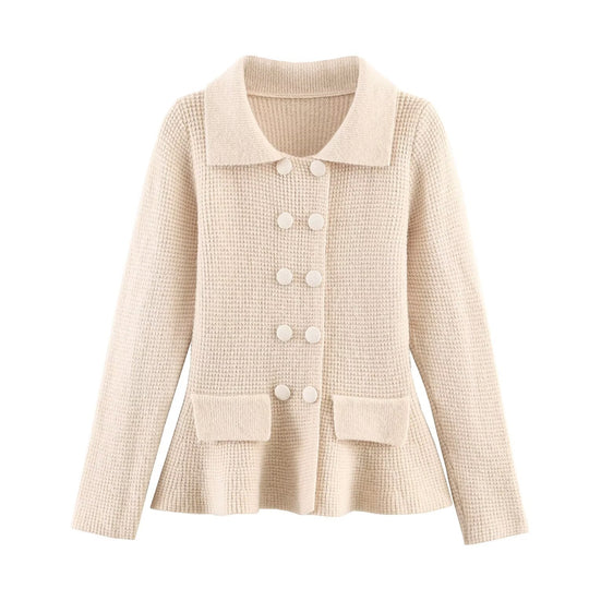 Damen Doppelreihige Bouclé-Jacke mit Schößchen, aufgesetzten Taschen und Hemdkragen Nord Taschen