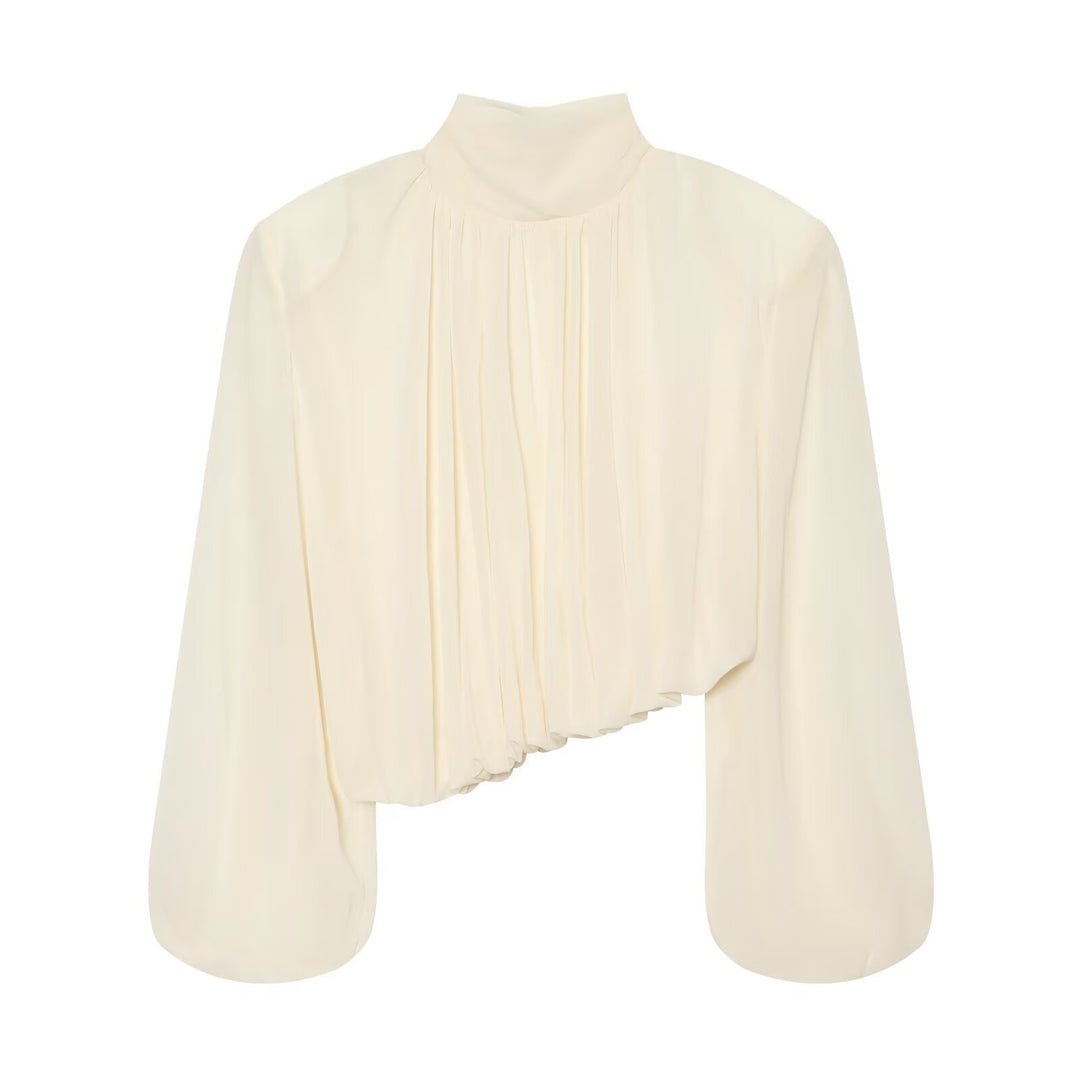 Damen Plissierte Bluse mit Stehkragen und Ballonärmeln Nord Taschen