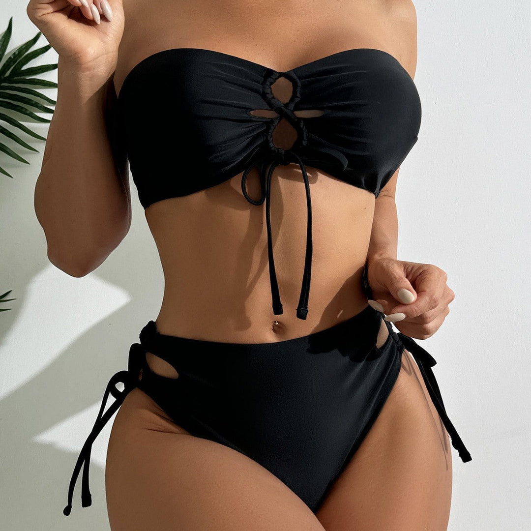 Damen hochgeschnittener Bandeau-Bikini mit eleganten Raffungselementen