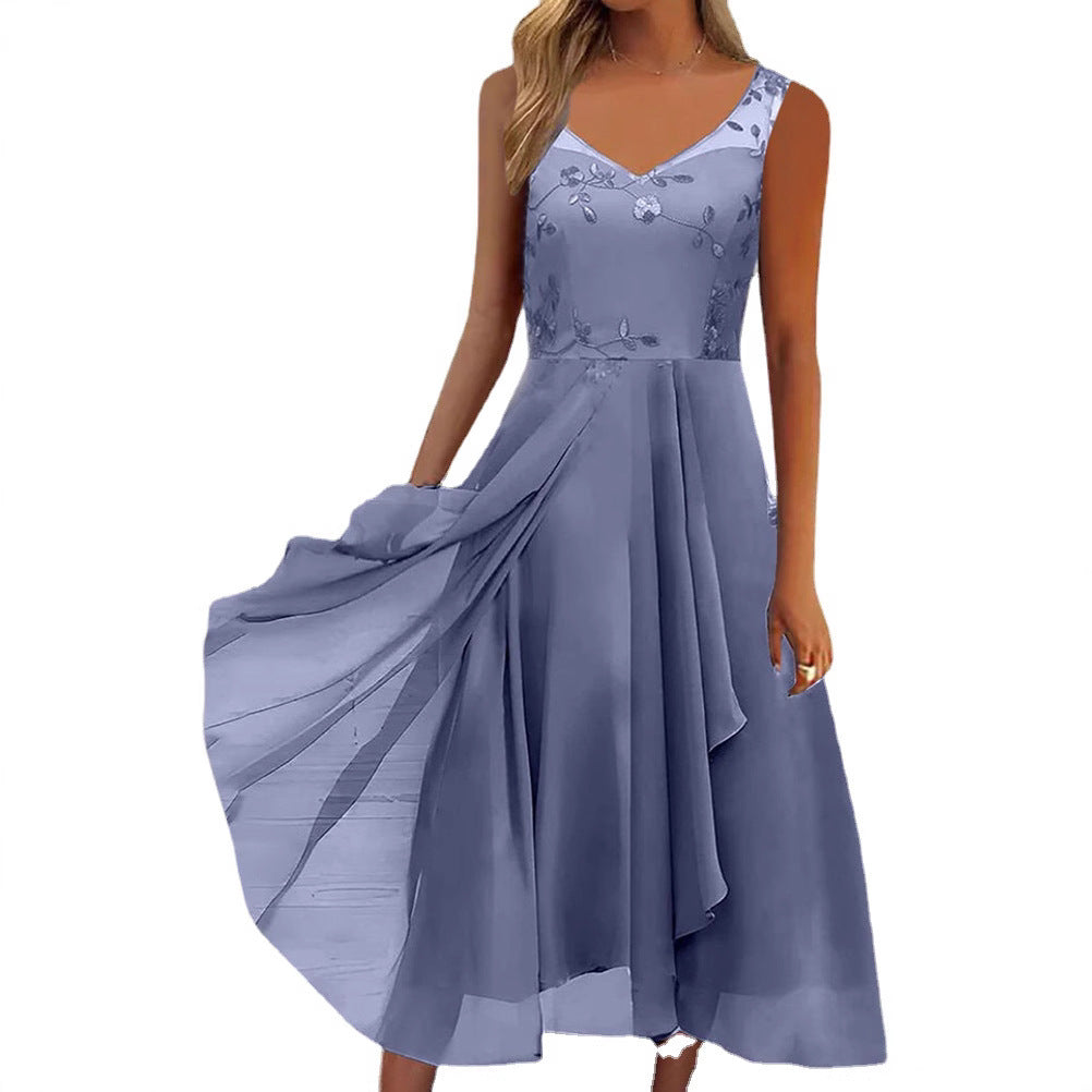 Damen nan A-Linien-Chiffonkleid mit floralem Stickoberteil, V-Ausschnitt, drapiertem Godet-Schwung und verdeckten Seitentaschen