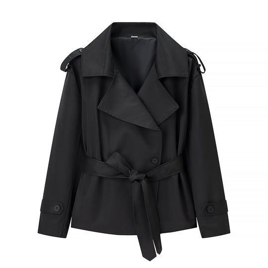 Damen Kurzgeschnittener taillierter Trenchcoat mit Bindegürtel und Schulterklappen Nord Taschen