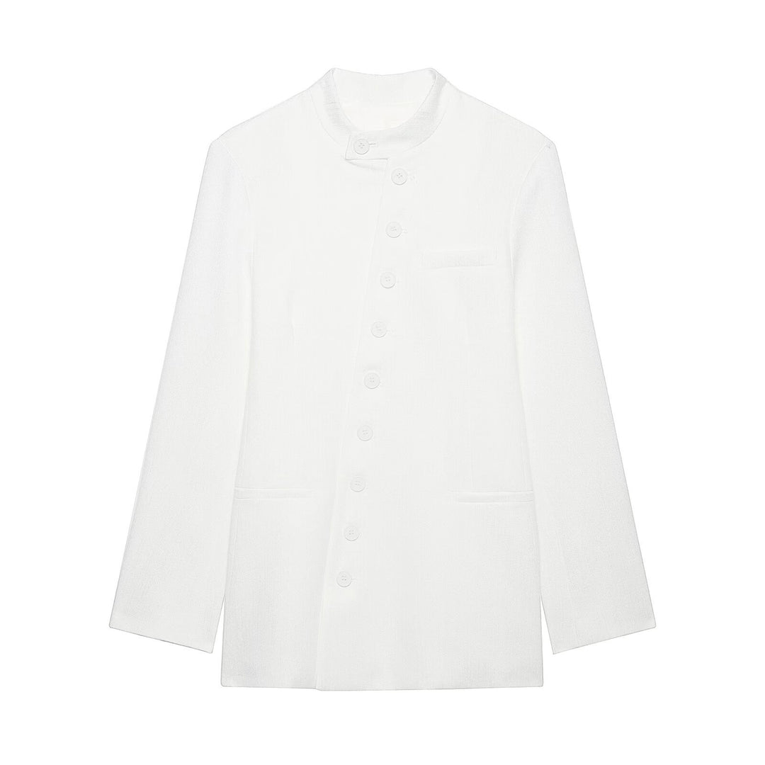 Damen Mandarin-Kragen Longblazer mit durchgehender Knopfleiste und aufgesetzten Taschen Nord Taschen