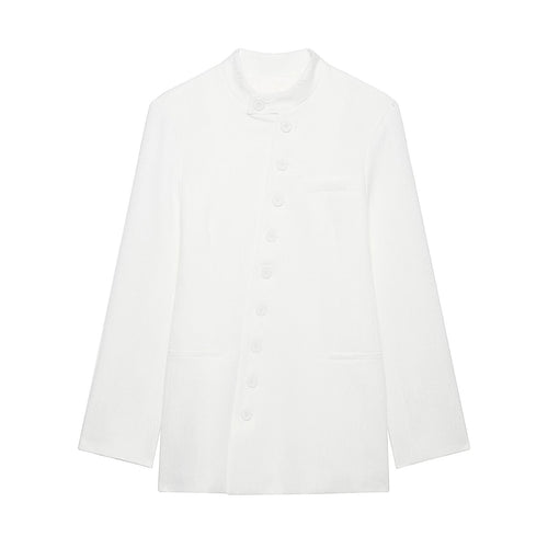 Damen Mandarin-Kragen Longblazer mit durchgehender Knopfleiste und aufgesetzten Taschen Nord Taschen