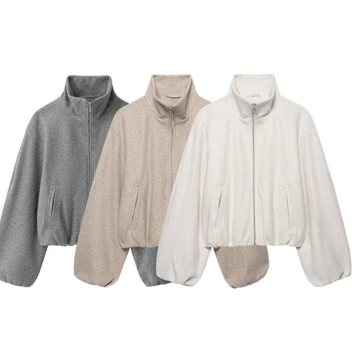 Damen Kurz geschnittene Wollmix-Jacke mit Stehkragen, Reißverschluss und Ballonärmeln Nord Taschen