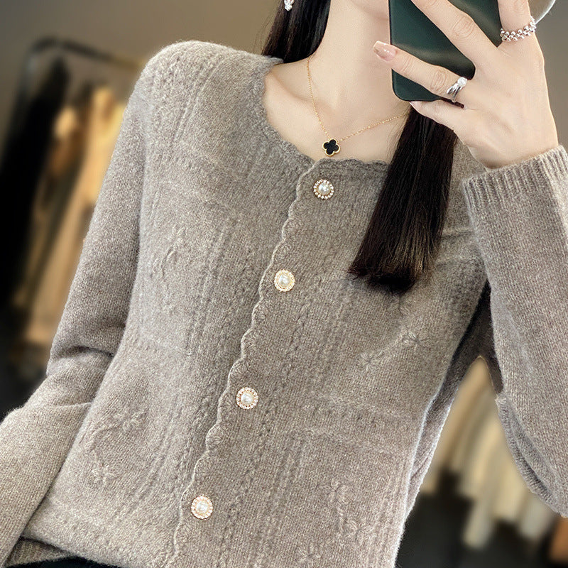 Damen Verzierter Strickcardigan mit Perlenknöpfen und Ajour‑Stickerei Nord Taschen