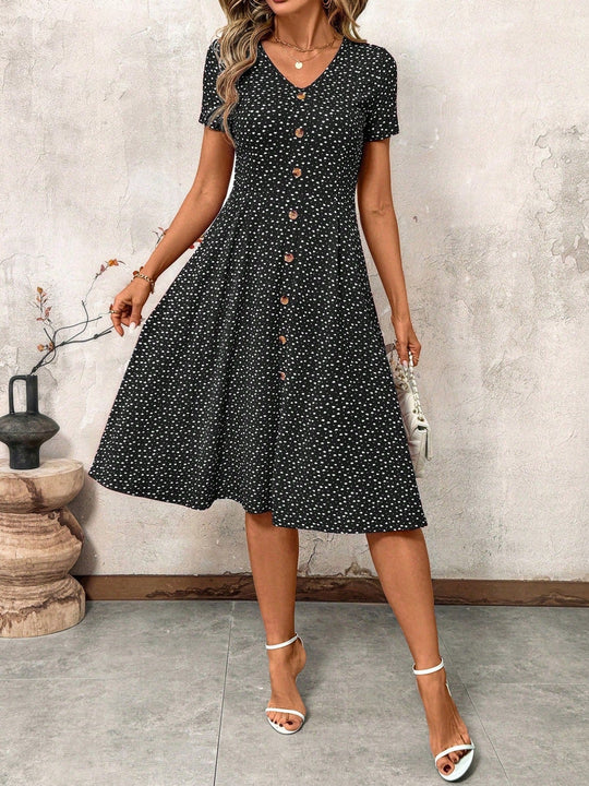 Damen Knielanges Kleid mit V-Ausschnitt und Knopfdetails