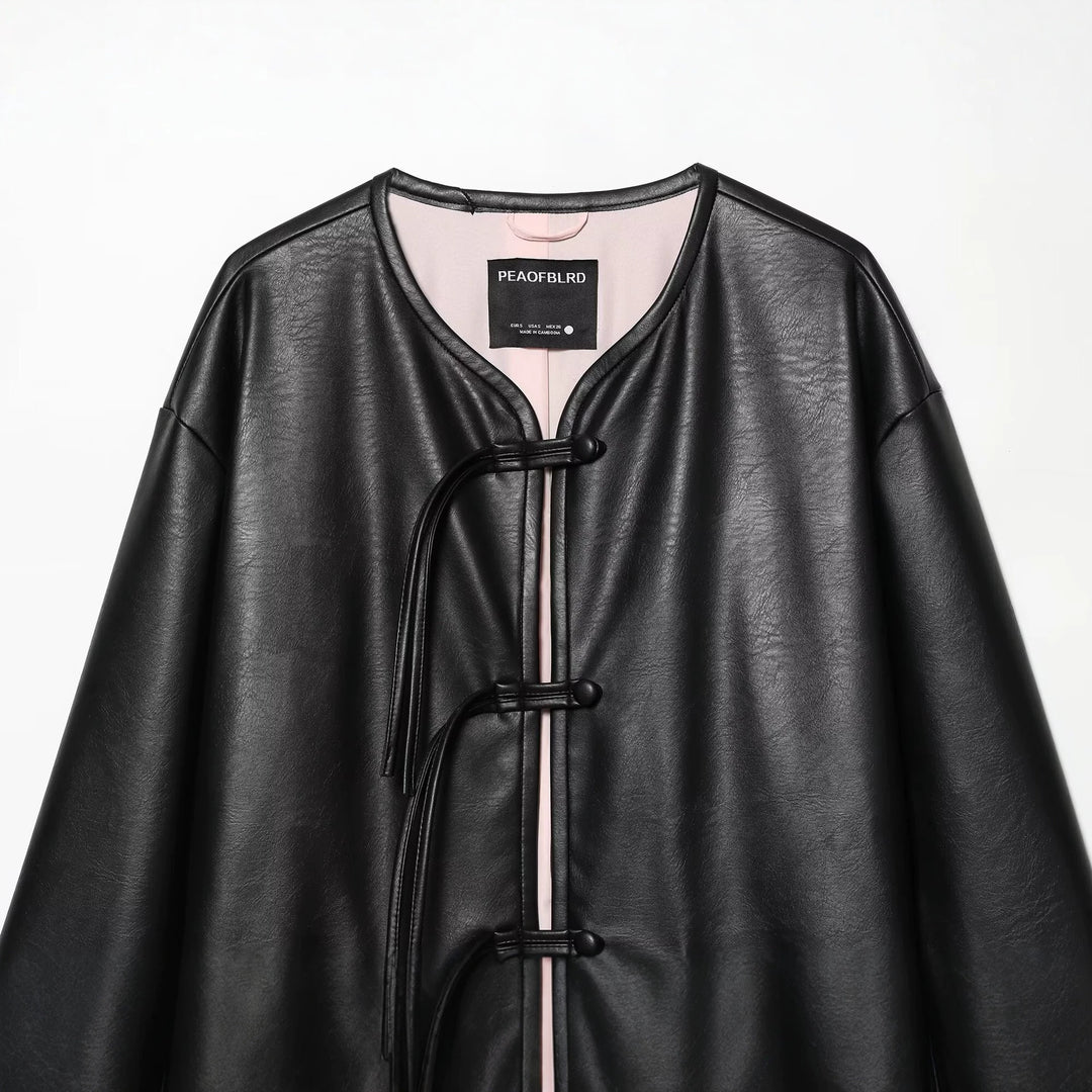 Damen Oversize Kunstlederjacke mit Kordel-Knotenverschluss und aufgesetzten Taschen Nord Taschen
