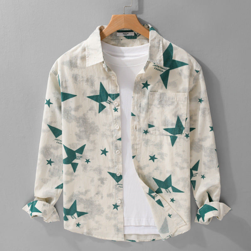 Herren Lockeres Baumwoll-Blend Overshirt mit Stern-Print und Brusttasche Nord Taschen