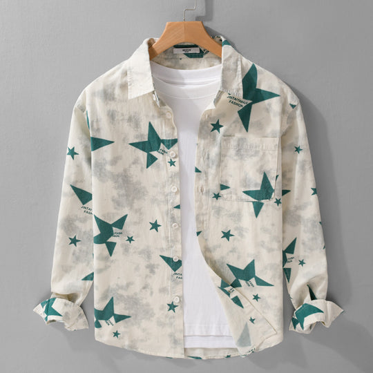 Herren Lockeres Baumwoll-Blend Overshirt mit Stern-Print und Brusttasche Nord Taschen