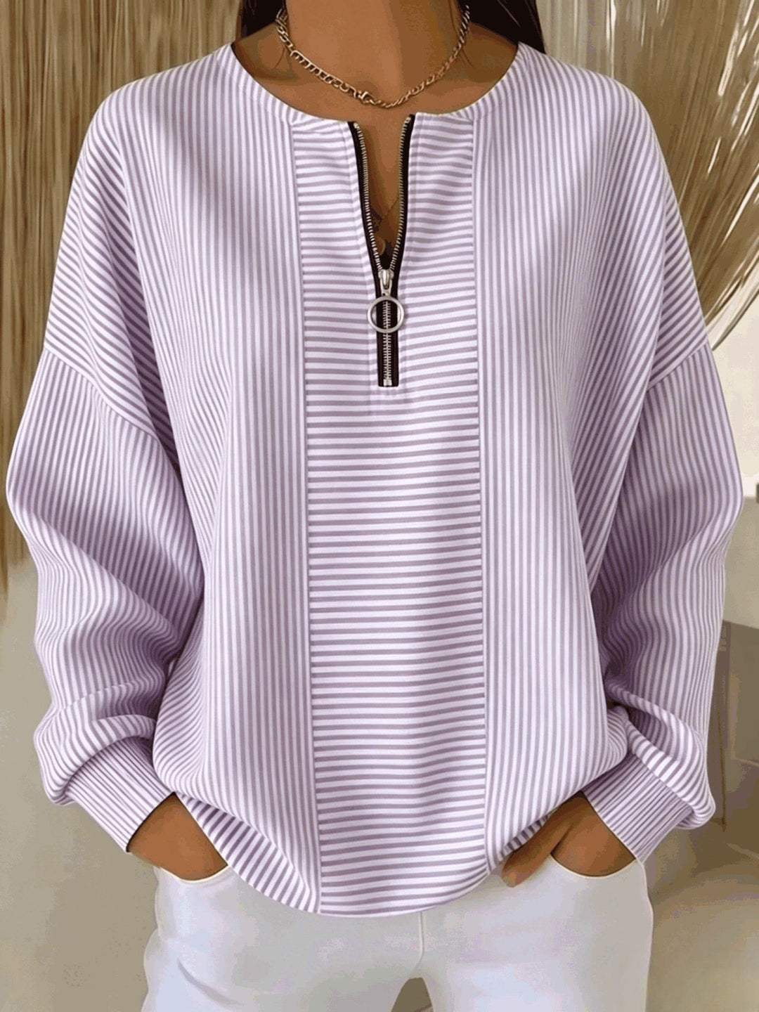 Damen Oversize Pullover mit feiner Rippstruktur und kurzem Zipper Nord Taschen