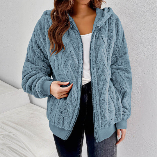 Damen Kapuzen-Teddyjacke mit Reißverschluss, weichem Plüsch und elastischem Bündchen Nord Taschen