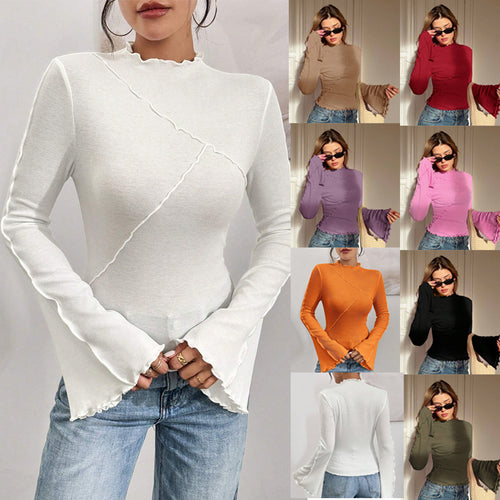 Damen Enganliegendes Geripptes Langarmshirt mit Stehkragen und Kräuselsaum Nord Taschen