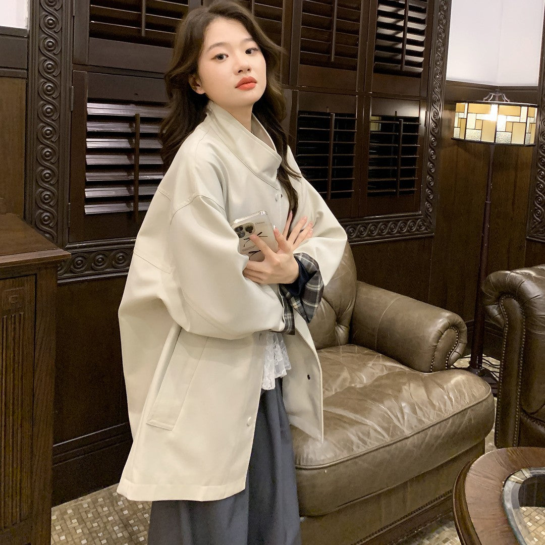 Damen Oversized Kurzmantel mit Stehkragen und kariertem Ärmelfutter Nord Taschen