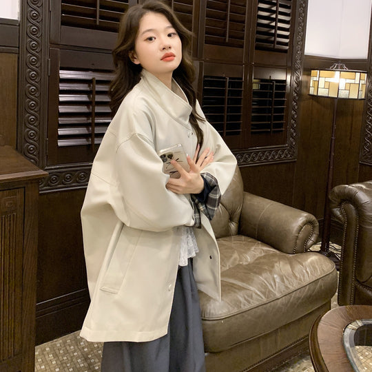 Damen Oversized Kurzmantel mit Stehkragen und kariertem Ärmelfutter Nord Taschen
