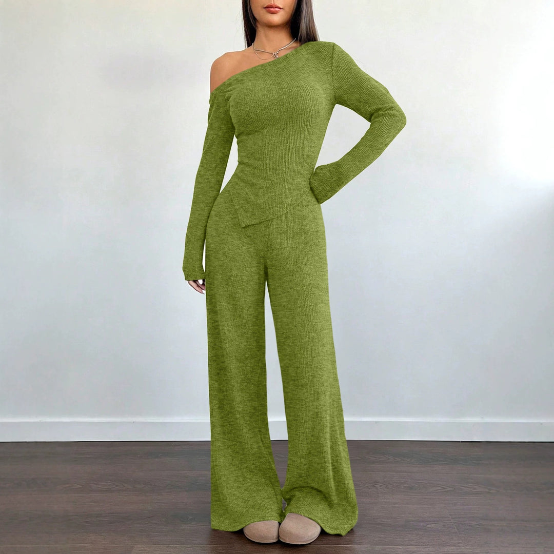 Damen Asymmetrisches Strick-Lounge-Set mit One-Shoulder-Oberteil und weitem Bein Nord Taschen