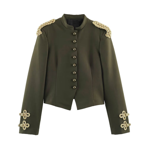 Damen Kurzer Militärblazer mit Stehkragen, goldverzierten Epauletten und dekorativen Knoten Nord Taschen