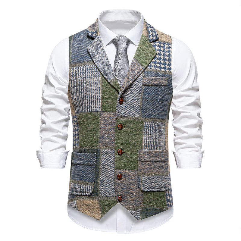Herren Patchwork Weste mit Reverskragen Knopfleiste und aufgesetzten Taschen Nord Taschen
